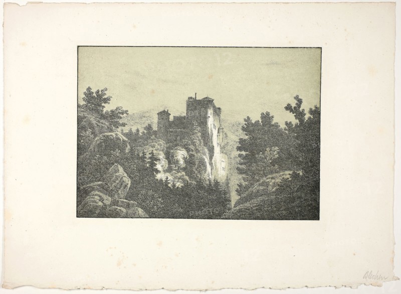 Ruins of a Castle, 1825/27, Carl Blechen, German, 1798-1840, Germany, Lithograph with olive-green tint stone, heightened with white gouache, on ivory wove paper, 154 x 218 mm (image), 257 x 350 mm (sheet)