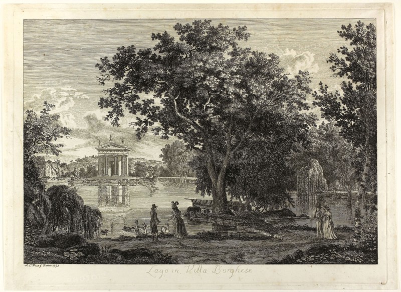 Lake in Villa Borghese, 1793, Albert Christoph Dies, Austrian, born Germany, 1755-1822, Austria, Etching on ivory laid paper, 280 × 377 mm (plate), 290 × 297 mm (sheet)