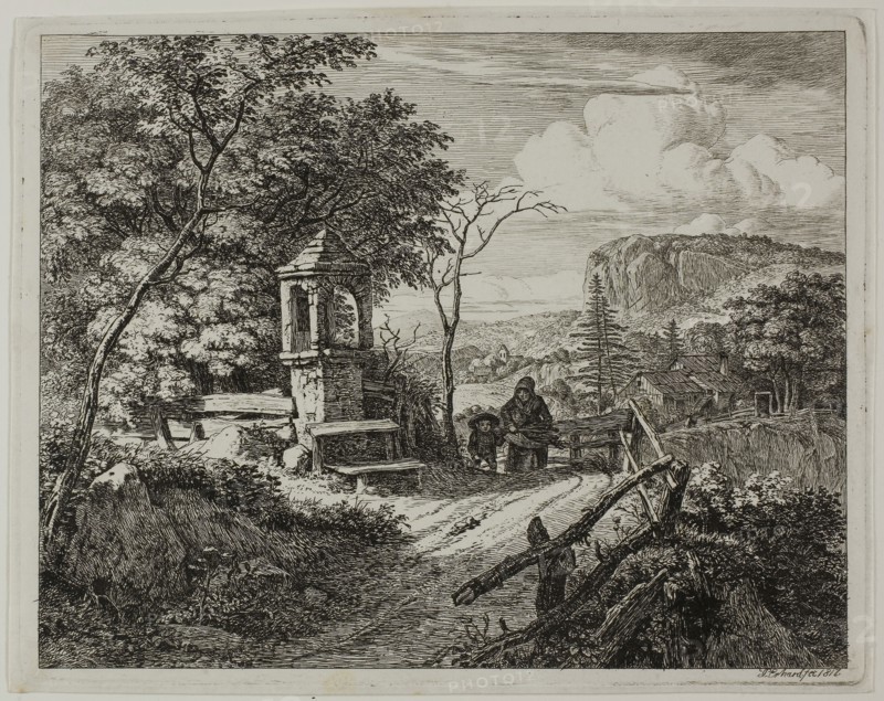 Wood Gatherer with a Boy, plate two from Die zwei grossen Landschaften mit den Betsäulen, 1817, Johann Christoph Erhard, German, 1795-1822, Germany, Etching on white paper, 157 × 200 mm (image), 169 × 214 mm (sheet)