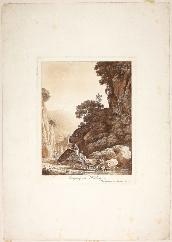Entrance to the Narrow Pass, 1794, Jacob Wilhelm Mechau, German, 1745-1808, Germany, Etching and aquatint in sanguine on ivory wove paper, 250 x 193 mm (plate), 470 x 331 mm (sheet)
