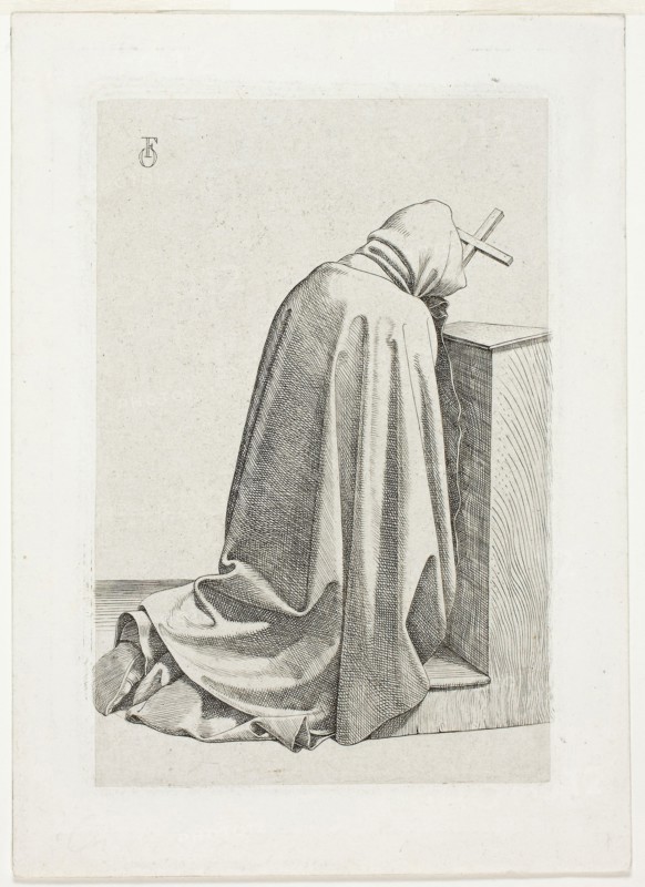 Kneeling Pilgrim with Cross and Book, 1826, Johann Friedrich Overbeck, German, 1789–1869, Germany, Etching on white wove paper, 113 x 75 mm (plate), 142 x 102 mm (sheet)