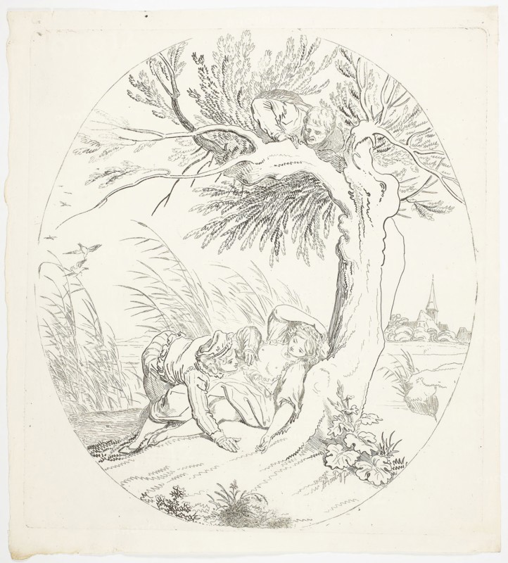 Unobserved Man Spying on Reclining Lovers, 1795, Johann Heinrich Ramberg, German, 1763-1840, Germany, Etching on cream wove paper, 305 x 270 mm (image), 305 x 280 mm (plate), 325 x 292 mm (sheet)