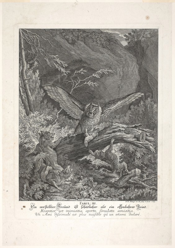 Fable III, plate three from Lehrreiche Fabeln aus dem Reiche der Theire, 1743, Johann Elias Ridinger, German, 1698-1767, Germany, Etching on ivory laid paper, 373 x 300 mm (image), 422 x 320 mm (plate), 526 x 367 mm (sheet)