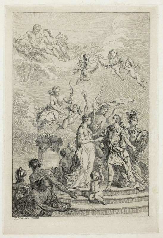 Allegory of the Marriage of the Dauphin Louis to the Infanta Maria Theresa of Spain, n.d., Pierre-Antoine Baudouin, French, 1723-1769, France, Etching on cream paper, 175 × 118 mm (plate), 185 × 125 mm (sheet), 236 × 170 mm (false margin)
