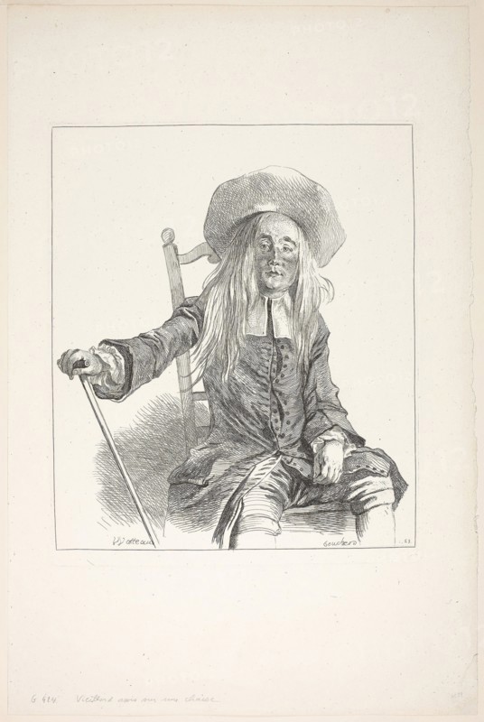 Man Seated on a Chair, 1721/26, François Boucher (French, 1703-1770), after Jean Antoine Watteau (French, 1684-1721), France, Etching on ivory laid paper, 310 × 262 mm (image), 325 × 269 mm (plate)