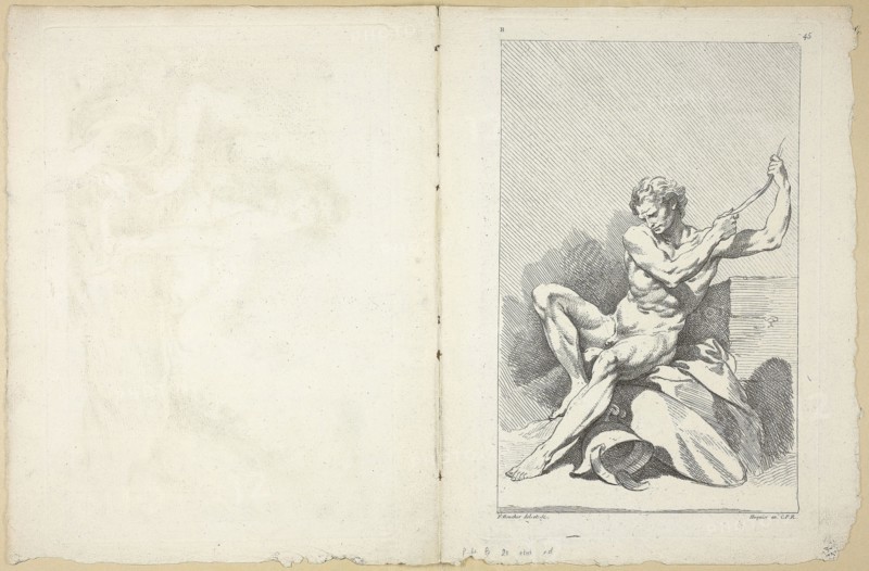 Academic Nude (recto and verso), from Seconde Livre de Figures d’Academies gravées en Partie par les Professeurs de l’ Académie Royale, published 1745, François Boucher (French, 1703-1770), Collin de Vermont (French, 1693-1761), printed by Gabriel Huquier (French, 1695-1772), published by Jombert Père (French, 18th century), France, Etching (recto and verso) on ivory laid paper, 281 × 187 mm (recto plate), 185 × 277 mm (verso plate), 302 × 228 mm (sheet)