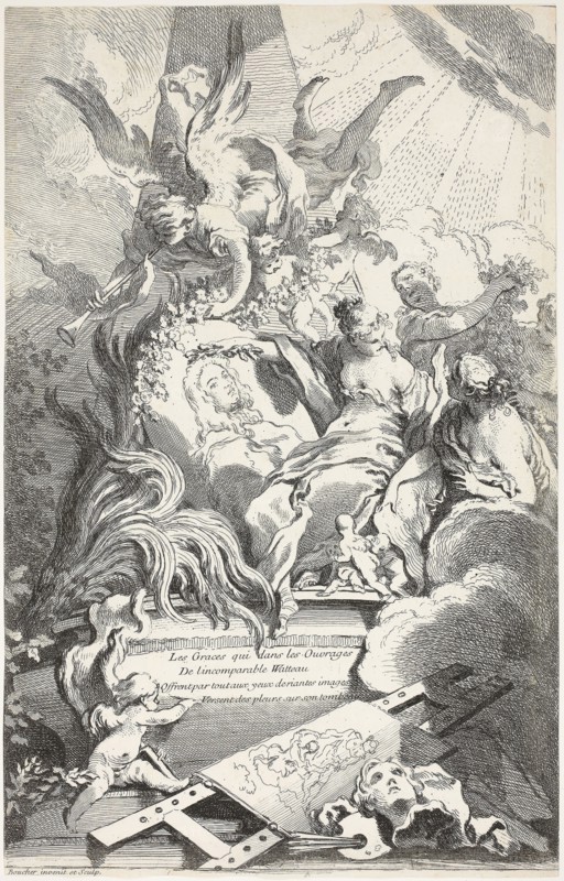 The Graces on the Tomb of Watteau, n.d., François Boucher (French, 1703-1770), printed by Gabriel Huquier (French, 18th century), France, Etching on off-white laid paper, 353 × 320 mm
