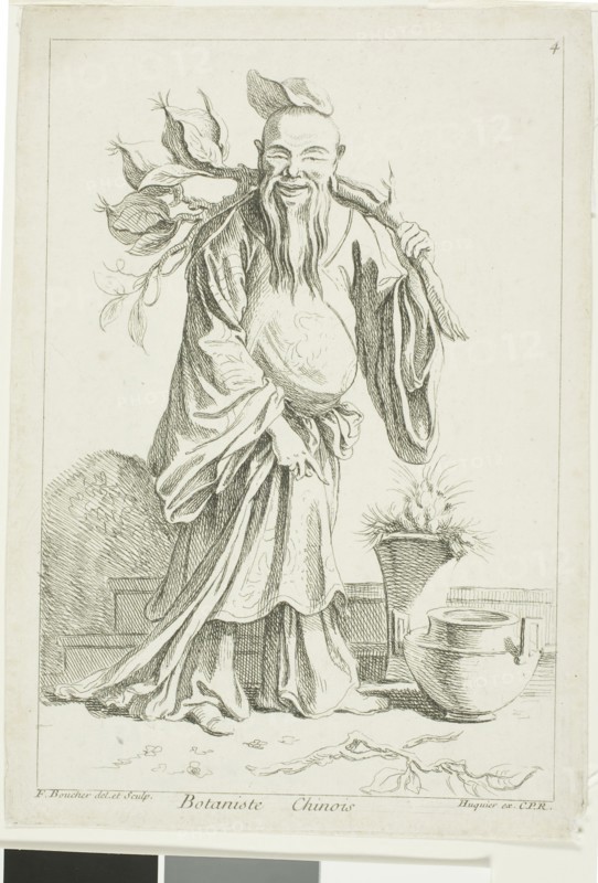 Chinese Botanist, from Recueil de diverses figures chinoise du cabinet de François Boucher, 1738/45, François Boucher (French, 1703-1770), printed by Gabriel Huquier (French, 1695-1772), France, Etching on cream laid paper, 204 × 131 mm