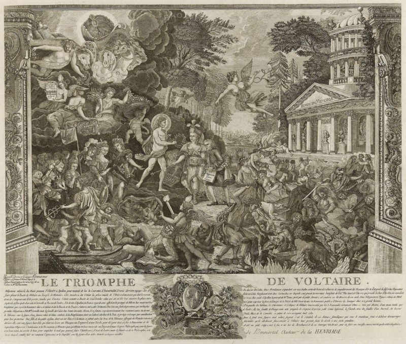 Le Triomphe de Voltaire, 1778/79, A. Duplessis, French, 18th century, France, Etching on ivory laid paper, 398 × 588 mm (image), 497 × 604 mm (image with te×t and vignette), 508 × 609 mm (plate), 595 × 872 (sheet)