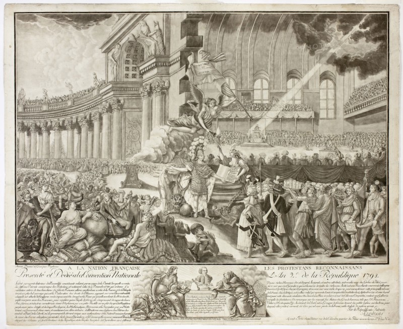 Presenté et dedié a la convention National l’an 2 de la Republique, 1793, A. Duplessis, French, 18th century, France, Etching and stipple engraving, roulette and burnishing in black on off-white laid paper, 410 × 608 mm (image), 524 × 641 mm (sheet)