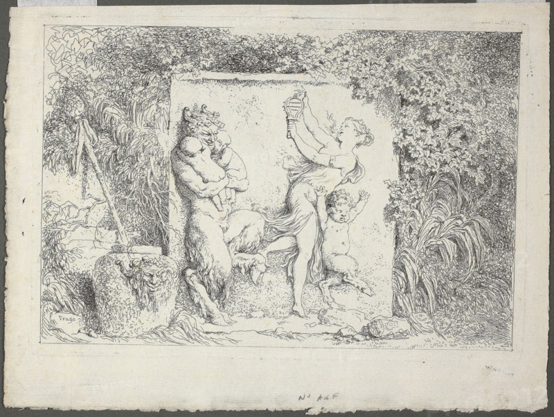 Satyrs Family, from Bacchanales, or Satyrs’ Games, 1763, Jean Honoré Fragonard, French, 1732-1806, France, Etching on laid paper, 133 × 202 mm (image), 145 × 210 mm (plate), 178 × 245 mm (sheet)