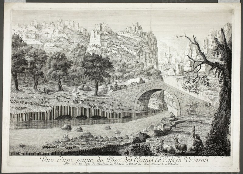 View of Part of the Pathway of the Giants of Vals in Vivarais, c. 1778, Arnault Éloi Gautier D’Agoty, French, 1741-1780 or 1783, France, Etching and stipple engraving in black on ivory wove paper, 323 × 458 mm (plate), 349 × 483 mm (sheet)