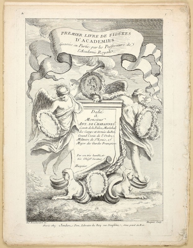 Figure (recto and verso), from Premier livre de figures d’Academies gravées en Partie par les Professeurs de l’ Académie Royale, published 1737, Gabriel Huquier (French, 1695-1772), after Edme Bouchardon (French, 1698-1762), Charles-Nicholas Cochin, the younger (French, 1715-1790), after Carle van Loo (French, 1705-1765), printed by Gabriel Huquier (French, 1695-1772), published by Jombert Père (French, 18th century), France, Etching (recto and verso) on ivory laid paper, 285 × 196 mm (recto plate), 223 × 194 mm (verso plate), 290 × 232 mm (sheet)