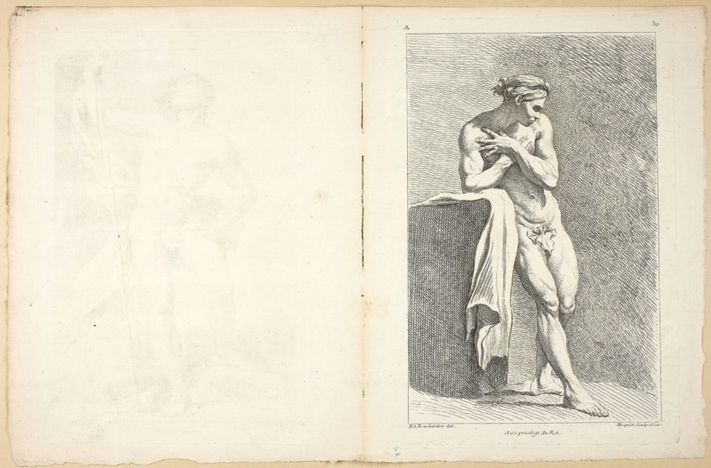Figure (recto and verso), from Premier livre de figures d’Academies gravées en Partie par les Professeurs de l’ Académie Royale, published 1737, Gabriel Huquier (French, 1695-1772), after Edme Bouchardon (French, 1698-1762), Pierre Aveline (French, 1702-1760), after Charles-Joseph Natoire (French, 1700-1777), printed by Gabriel Huquier (French, 1695-1772), published by Jombert Père (French, 18th century), France, Etching (recto and verso) on ivory laid paper, 281 × 189 mm (recto plate), 270 × 181 mm (verso plate), 299 × 227 mm (sheet)