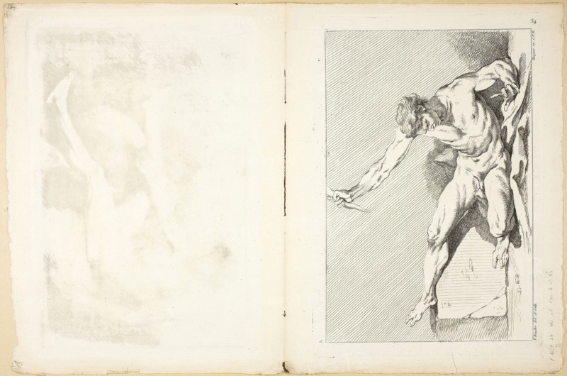 Academic Male (recto and verso), from Premier Livre de Figures d’Academies gravées en Partie par les Professeurs de l’ Académie Royale, published 1737, François Boucher (French, 1703-1770), Pierre Charles Trémolières (French, 1703-1739), printed by Gabriel Huquier (French, 1695-1772), published by Jombert Père (French, 18th century), France, Etching (recto and verso) on ivory laid paper, 190 × 282 mm (recto plate), 190 × 282 mm (verso plate), 233 × 305 mm (sheet)