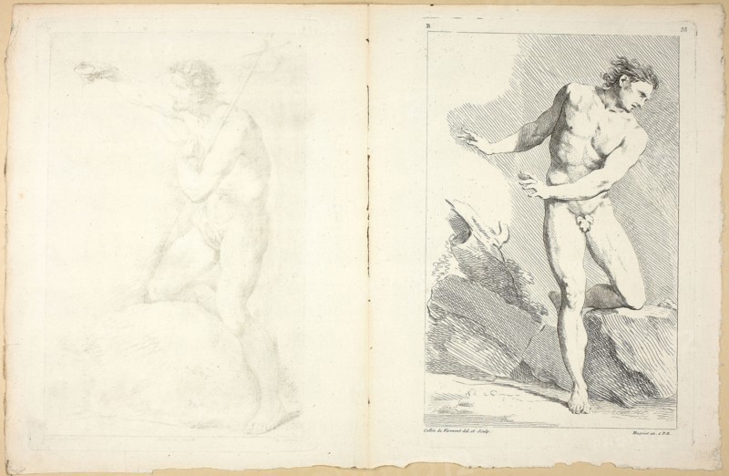 Figure (recto and verso), from Seconde livre de figures d’Academies gravées en Partie par les Professeurs de l’ Académie Royale, published 1745, Collin de Vermont (French, 1693-1761), Jean-Baptiste Perronneau (French, 1715-1783), after Charles-Joseph Natoire (French, 1700-1777), printed by Gabriel Huquier (French, 1695-1772), published by Jombert Père (French, 18th century), France, Etching (recto and verso) on ivory laid paper, 276 × 182 mm (recto plate), 276 × 185 mm (verso plate), 300 × 229 mm (sheet)