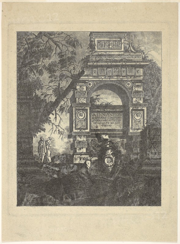 Frontispiece, plate one from Vasi Invention, 1768, published 1770, Jean-Laurent Legeay, French, 1710-1786, France, Etching with drypoint on tan laid paper, 226 × 186 mm (image), 248 × 208 mm (plate), 309 × 228 mm (sheet)