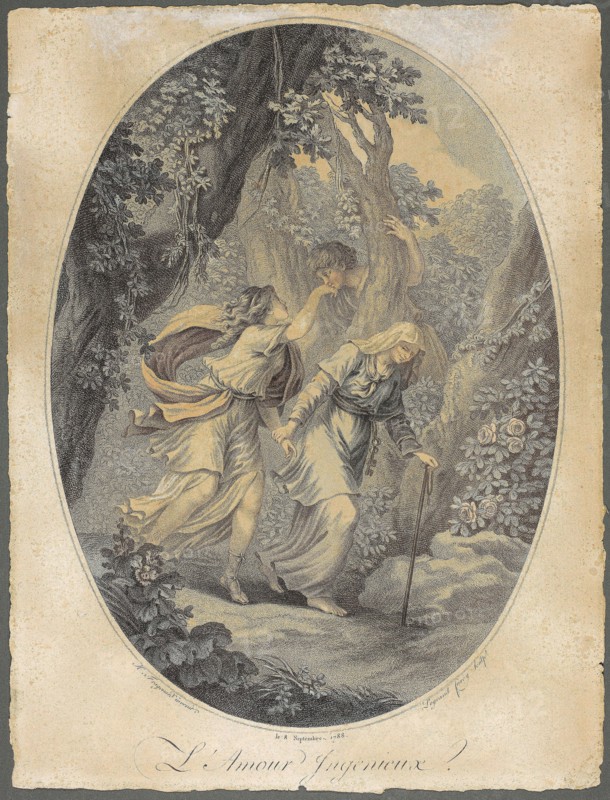 The Ingenious Love, 1788, Jacques Guillaume Legrand (French, 1743-1808), after Jean Honoré Fragonard (French, 1732-1806), France, Engraving with roulette on cream laid paper (discolored to tan), 288 × 208 mm (image), 315 × 240 mm (sheet)
