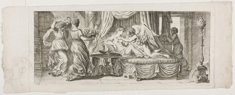 Cupid and Psyche, 1793, Pierre Lelu, French, 1741-1810, France, Etching, with black chalk, graphite, and estompe on ivory laid paper, 185 × 407 mm (plate), 189 × 503 mm (sheet)