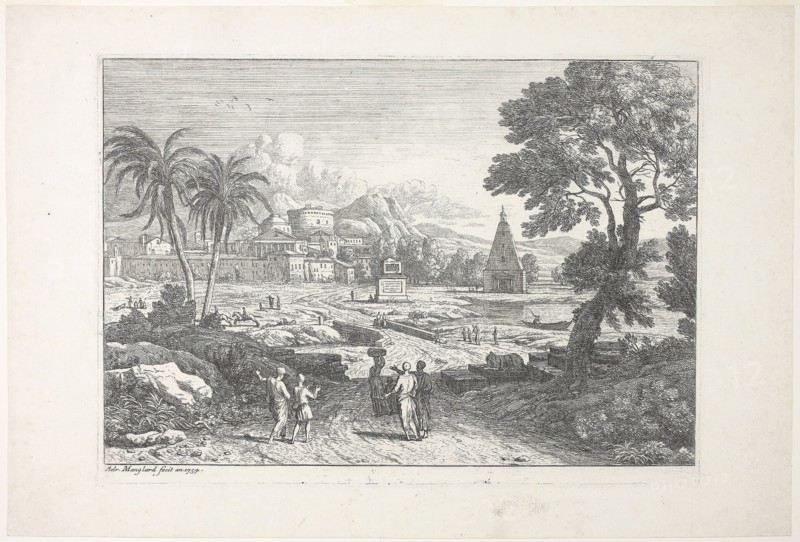 Landscape with Two Palms, 1752, Adrien Manglard, French, 1695-1760, France, Etching on ivory laid paper, 165 × 233 mm (image), 180 × 240 mm (plate), 212 × 282 mm (sheet)