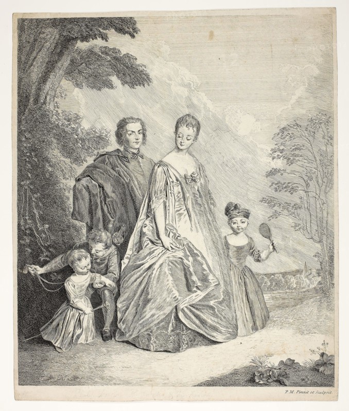 The Family Promenade, also called Philippe Mercier, His First Wife, and Family, c. 1725, Philippe Mercier, French, 1689-1760, France, Etching in black on cream wove paper, 372 × 310 mm