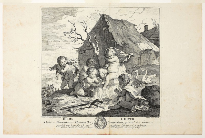 Winter, plate four from Le Quatre Saisons, 1735, Charles-Joseph Natoire, French, 1700-1777, France, Etching on buff laid paper, 268 × 268 mm (plate), 284 × 428 mm (sheet)
