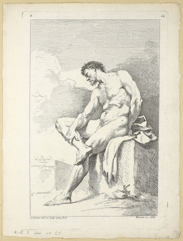 Figure, from Seconde livre de figures d’Academies gravées en Partie par les Professeurs de l’ Académie Royale, published 1745, Charles-Joseph Natoire (French, 1700-1777), printed by Gabriel Huquier (French, 1695-1772), published by Jombert Père (French, 18th century), France, Etching on ivory laid paper, 283 × 190 mm (plate), 306 × 232 mm (sheet)
