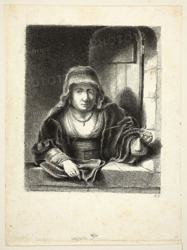 Woman at a Window, 1759, Jean-Pierre Norblin de la Gourdaine (French, 1745-1830), after Ferdinand Bol (Dutch, 1616-1680), France, Etching on paper, 142 × 117 mm