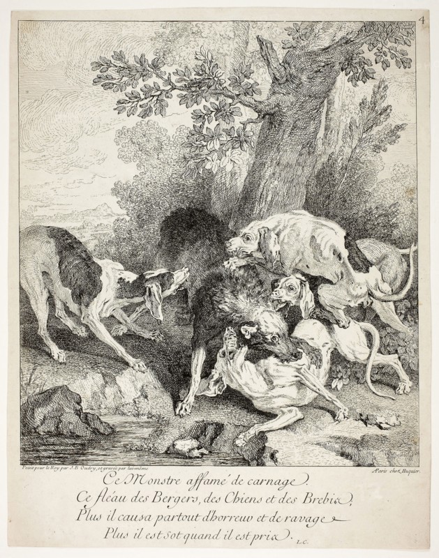 The Wolf at Bay, n.d., Jean-Baptiste Oudry, French, 1686-1755, France, Etching on ivory laid paper, 371 × 292 mm