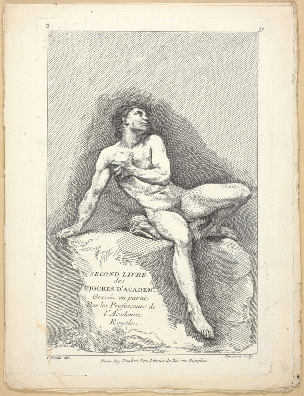 Figure (recto and verso), from Seconde livre de figures d’Academies gravées en Partie par les Professeurs de l’ Académie Royale, published 1745, Jean-Baptiste Perronneau (French, 1715-1783) and Pierre Aveline (French, 1702-1760), after Carle van Loo (French, 1705-1765), printed by Gabriel Huquier (French, 1695-1772), published by Jombert Père (French, 18th century), France, Etching (recto and verso) on ivory laid paper, 286 × 191 mm (recto plate), 273 × 183 mm (verso plate), 305 × 236 mm (sheet)