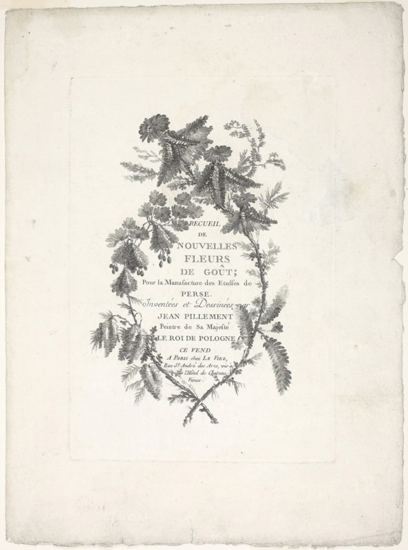 Cover for Collection of New Flowers of Taste for the Manufacture of Persian Cloth, Invented and Drawn by Jean Pillement, 1765/70, Johann Heinrich Hess (Germany, born 1746), after Jean-Baptiste Pillement (French, 1728-1808), published by Charles Leviez (French, 1708-1778), Germany, Etching on ivory laid paper, 249 × 172 mm (plate), 350 × 259 mm (sheet)