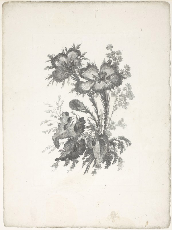 Bouquet, from Collection of New Flowers of Taste for the Manufacture of Persian Cloth, Invented and Drawn by Jean Pillement, 1765/70, Johann Heinrich Hess (Germany, born 1746), after Jean-Baptiste Pillement (French, 1728-1808), published by Charles Leviez (French, 1708-1778), Germany, Etching on ivory laid paper, 248 × 167 mm (plate), 357 × 261 mm (sheet)