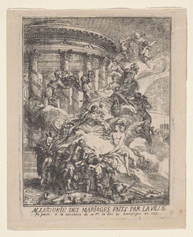 Allegorie des Mariages Faits par la Ville de Paris a la Naissance du Duc de Bourgogne, 1751, Gabriel Jacques de Saint-Aubin, French, 1724-1780, France, Etching on cream laid paper, 156 × 122 mm (image), 170 × 129 mm (plate), 180 × 148 mm (sheet)