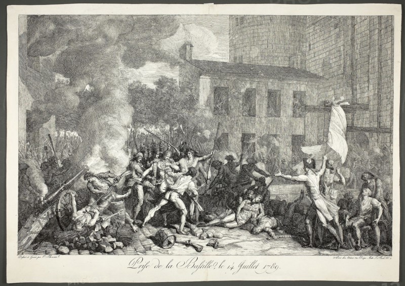Capturing the Bastille, July 14, 1789, c. 1793, Charles Thevenin, French, 1764-1838, France, Etching on cream laid paper, 373 × 581 mm (image), 432 × 610 mm (sheet)