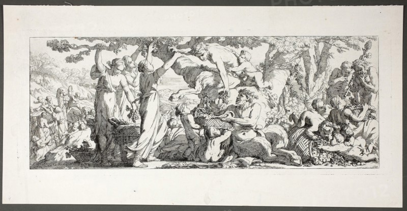 Harvest of Grapes, plate two of four from Le Travaux de la Vendange, 1750, Joseph–Marie Vien, the Elder, French, 1716-1809, France, Etching on paper, 160 × 425 mm (image), 170 × 433 (plate)