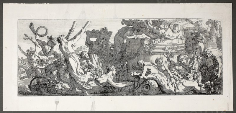 Arrival at the Grape Press, plate four of four from Le Travaux de la Vendange, 1750, Joseph–Marie Vien, the Elder, French, 1716-1809, France, Etching on paper, 160 × 425 mm (image), 170 × 433 (plate)