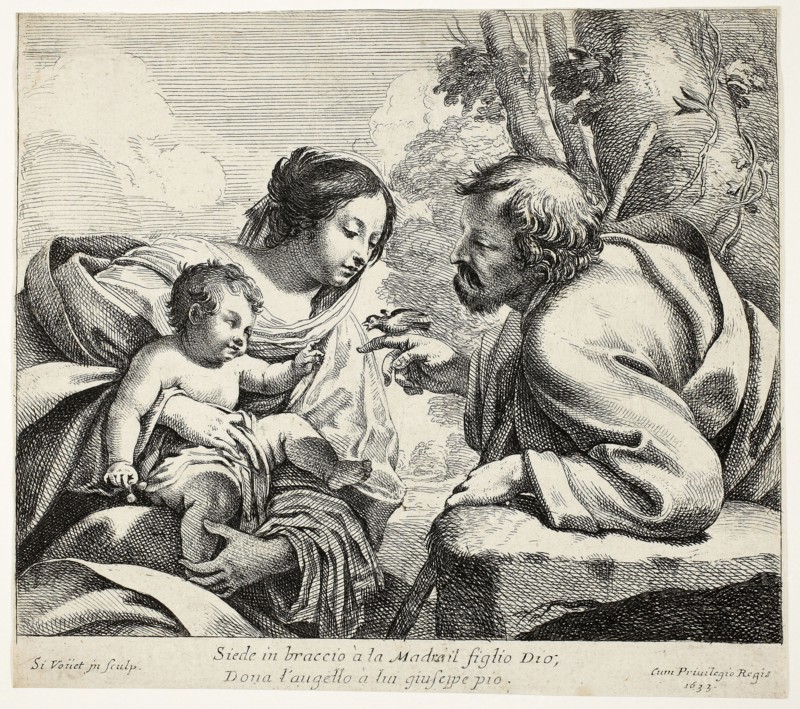 Holy Family With a Bird, 1633, Simon Vouet, French, 1590-1649, France, Etching with engraving on ivory laid paper, 216 × 261 mm (image), 236 × 262 mm (sheet, trimmed within plate mark)