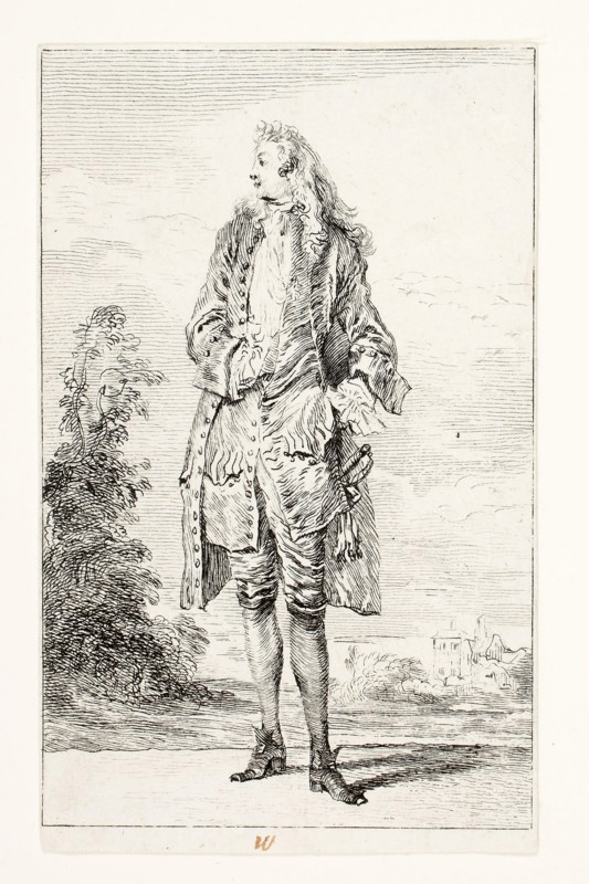 Gentleman, Hand in Vest, c. 1710, Jean Antoine Watteau, French, 1684-1721, France, Etching on ivory laid paper, 119 × 73 mm