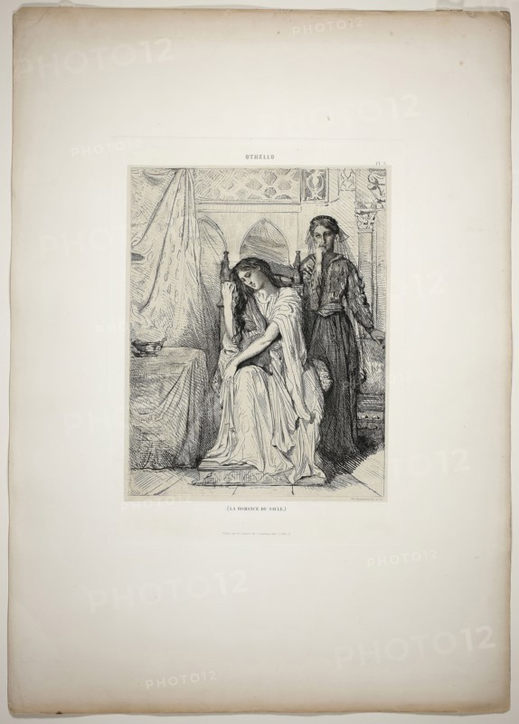 The Willow Song, plate nine from Othello, 1844, Théodore Chassériau, French, 1819-1856, France, Etching, engraving, roulette, and drypoint on paper, 293 × 229 mm (image), 368 × 263 mm (plate), 638 × 445 mm (appro×. sheet)
