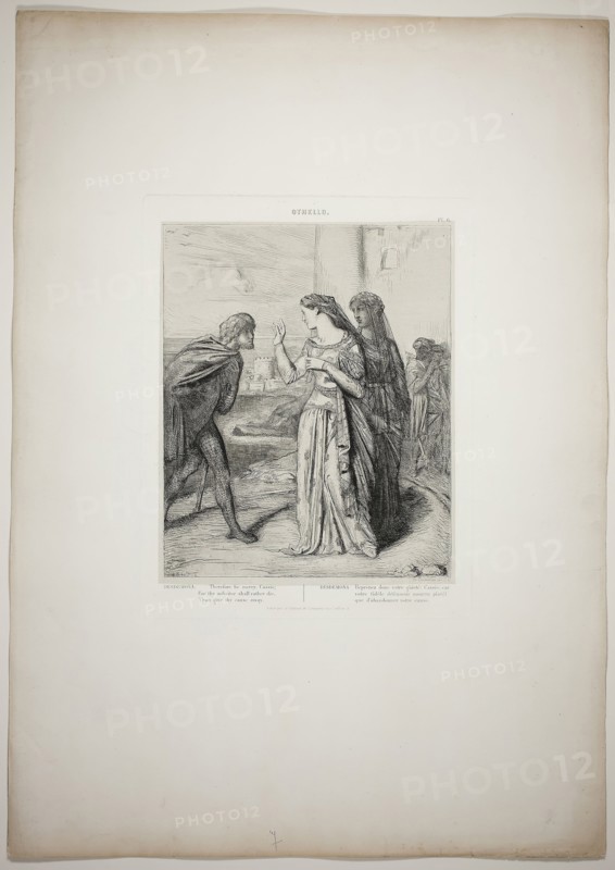 Therefore be merry, Cassio, plate six from Othello, 1844, Théodore Chassériau, French, 1819-1856, France, Etching, engraving, roulette, and drypoint on paper, 268 × 215 mm (image), 318 × 245 mm (plate), 638 × 445 mm (appro×. sheet)