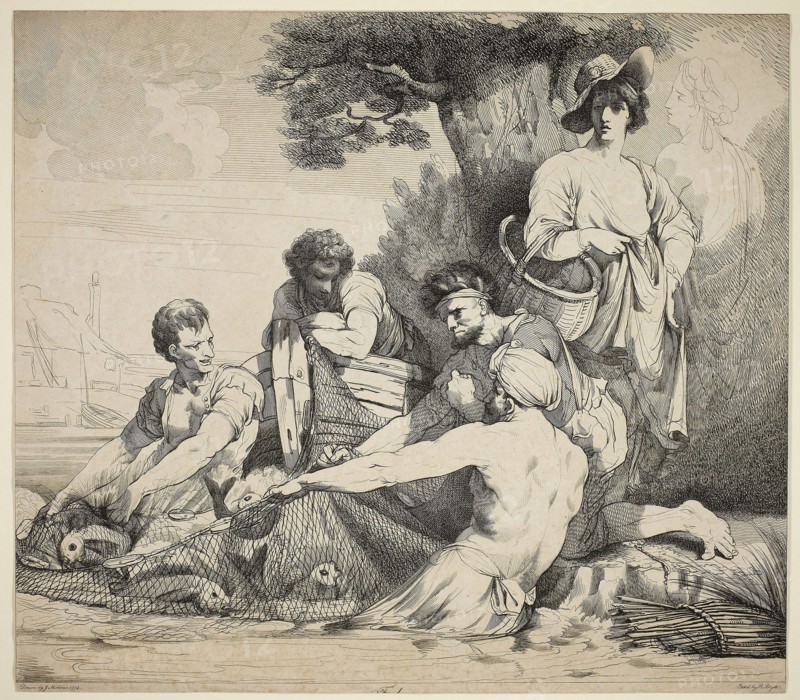 Fishermen, 1880, Robert Blyth (English, 1750-1784), after John Hamilton Mortimer (English, 1740-1779), England, Etching on cream laid paper, 369 × 420 mm (sheet), Our Father (Das Vater Unser), 1826, Josef von Führich (Austrian, 1800-1876), written by Anton Müller (Unknown, 19th century), published by Peter Bohmanns Erben (Unknown, 19th century), printed by Johan H. Pospischil (Unknown, 19th century) and Scholl’schen Buchdruckerer (Czech, 19th century), Austria, Book with nine etchings and letterpress in black on cream wove paper, 281 × 228 × 9 mm