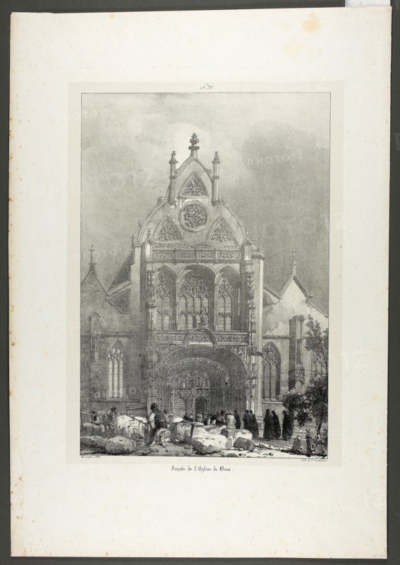 Facade of the Church of Brou, 1825, Richard Parkes Bonington, English, 1802-1828, England, Lithograph on ivory chine, laid down on off-white wove paper, 357 × 257 mm (chine), 509 × 352 mm (sheet)