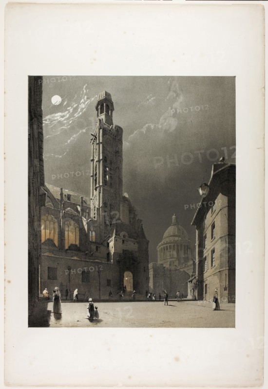 St Etienne du Mont and the Pantheon, Paris, plate 20 from Picturesque Architecture in Paris, Ghent, Antwerp, Rouen, Etc., 1839, Thomas Shotter Boys (English, 1803-1874), printed by Charles Joseph Hullmandel (English, 1789-1850), England, Color lithograph on white wove paper, 351 × 288 mm (stone), 533 × 361 mm (sheet)