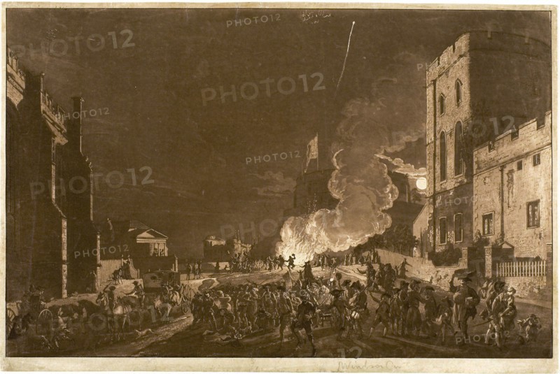 Windsor Castle from the Lower Court on the Fifth of November—Fireworks, 1776, Paul Sandby, English, 1731-1809, England, Aquatint, with etching, in brown on ivory laid paper, 296 × 464 mm (image), 314 × 474 mm (sheet)