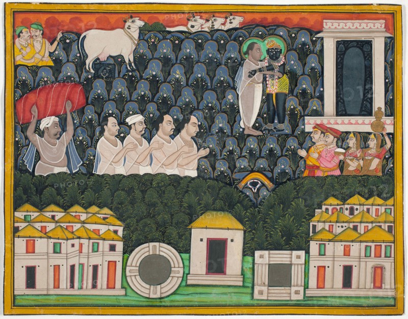Pratham Milan, Shrinathji revealing himself to Vallabhacharya on Mount Govardhan, Early 19th century, India, Rajasthan, Nathdwara, India, Opaque watercolor with ink and gold on paper, 23 x 29.5 cm