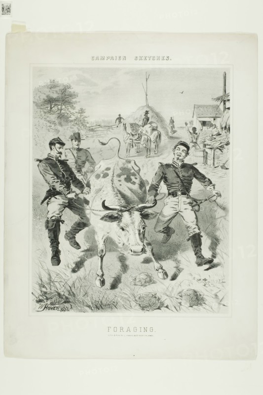 Campaign Sketches: Foraging, 1863, Winslow Homer, American, 1836–1910, United States, Tint lithograph on heavy ivory wove paper, 357 x 280 mm