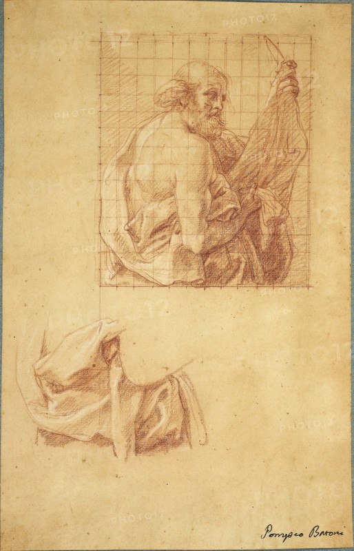 Study for Saint Bartholomew and Drapery, c. 1740, Pompeo Girolamo Batoni, Italian, 1708-1787, Italy, Red chalk, heightened with white chalk, on beige laid paper, squared for transfer with red chalk, edge mounted to blue wove card, 284 x 181 mm