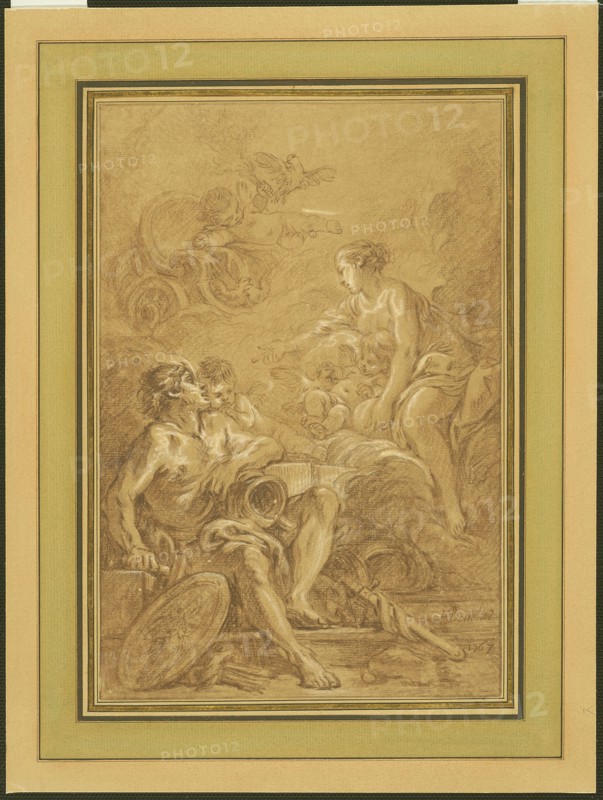 Venus Commanding Vulcan to Make Arms for Aeneas, 1767, François Boucher, French, 1703-1770, France, Various brown chalks, with touches of brush and brown chalk wash, heightened with white chalk, on cream laid paper, prepared with a light brown wash ground, laid down on heavy buff laid paper, 304 × 205 mm (primary support), 330 × 230 mm (secondary support)