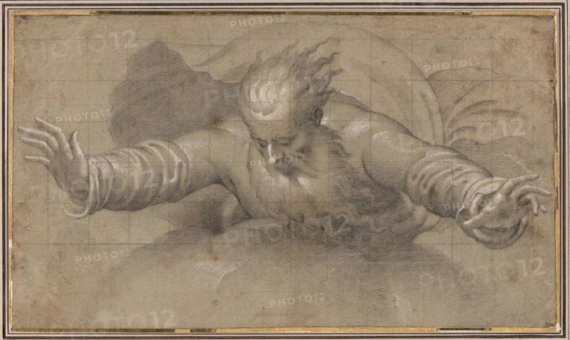 God the Father, 1567/70, Bernardino Campi, Italian, 1522-1591, Italy, Black chalk, heightened with white gouache, squared in black chalk, on gray-brown laid paper, laid down on cream laid paper, 212 x 368 mm