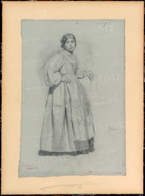 Italienne (Gaëta), 1856/57, Edgar Degas, French, 1834–1917, France, Graphite, with stumping, on blue wove paper with blue fibers, perimeter-mounted on cream wove paper wrapped around millboard (touch of red chalk), 456 × 310 mm